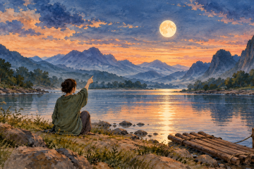 Ilustración en acuarela de una persona que señala la luna junto a un río, con una balsa en la orilla y montañas al fondo.